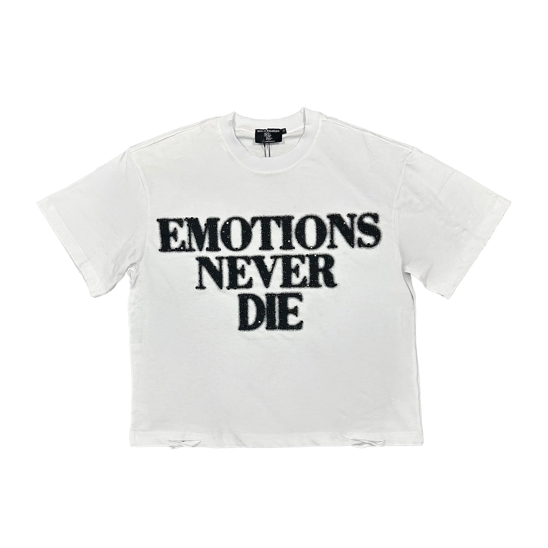 Mixed Emotion White End Rhinestone Tee Shop the Mixed Emotion White End Rhinestone Tee in a vibrant design Soft, cozy streetwear with real attitude Grab yours now and turn heads today.